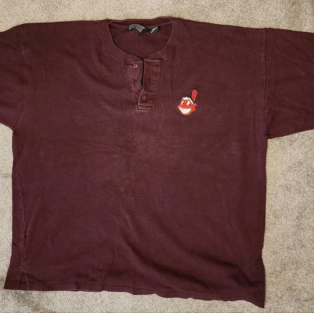 Burgundy Henley Shirt with Embroidered Retro Cleveland Indians Chief Wahoo Logo